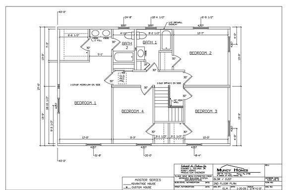 Architectural floor plan for the second level of a residential house, showing room layouts, dimensions, and wall locations.