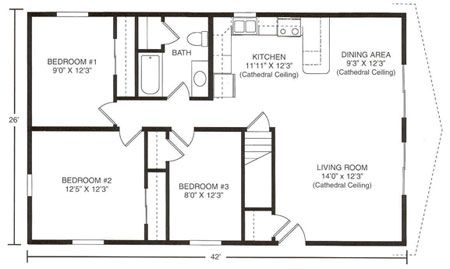 Floor plan of a single-story home with three bedrooms, one bathroom, a kitchen, dining area, and living room.