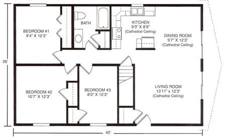 Floor plan for a single-story, three-bedroom home with one bathroom, a kitchen, dining area, and living room.