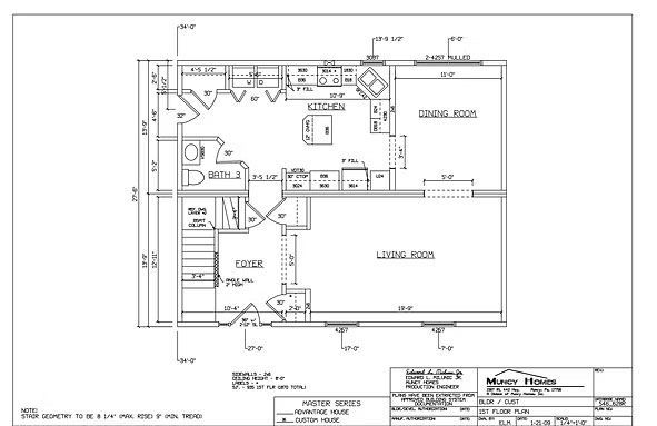 Architectural floor plan showing a living room, kitchen, dining room, and bathroom layout for a house.