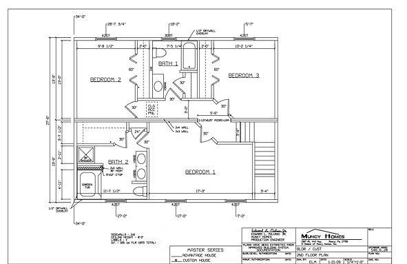 Architectural floor plan of the second story of a home, showing bedroom, bathroom, and hallway layouts with dimensions.