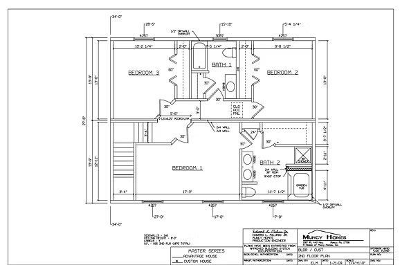 Architectural floor plan showing a residential upper level with two bedrooms, two bathrooms, and a central hallway.