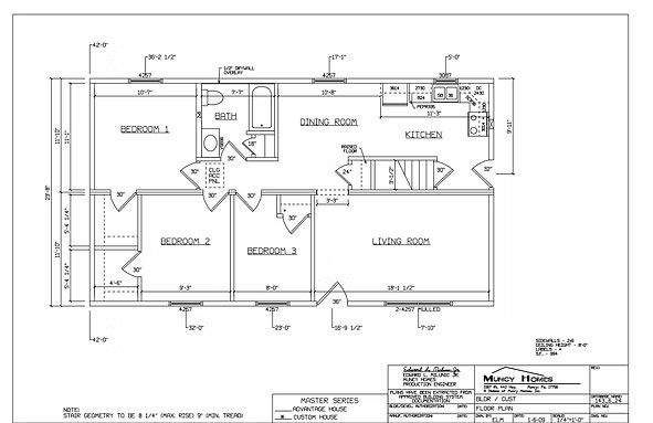 A floor plan of a 3-bedroom, 1-bath home featuring an open-concept kitchen, dining, and living area.