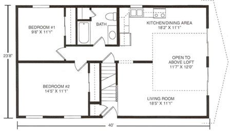 Floor plan of a single-story home showing two bedrooms, one bathroom, a kitchen, a living room, and a loft area.