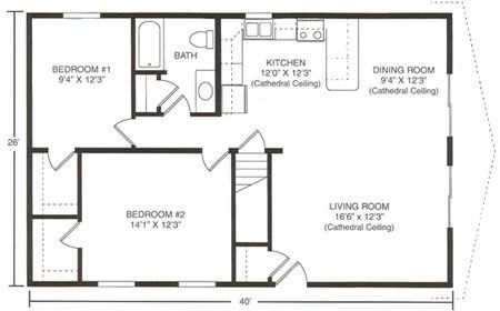 A black and white floor plan for a house measuring 40 by 25 feet, showing two bedrooms, a bath, kitchen, and living area.