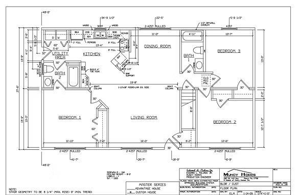 Black and white architectural floor plan for a three-bedroom, two-bathroom house labeled 