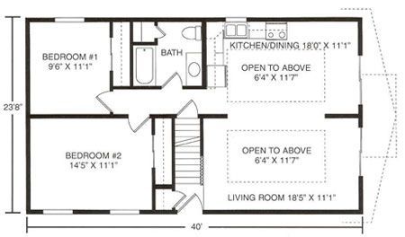 Floor plan for a rectangular home featuring two bedrooms, a bathroom, stairs, and two areas open to the floor below.