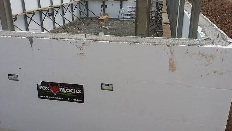 Concrete foundation walls constructed with white Fox Blocks insulated concrete form (ICF) panels at a construction site.