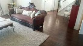 A brown velvet sofa with several light-colored pillows sits on a beige area rug in a room with polished dark wood floors.