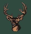 A stylized illustration of a buck deer head with detailed antlers, set against a dark green background.
