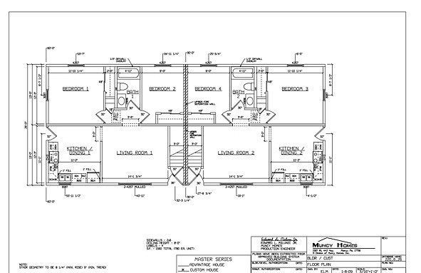 Floor plan for a duplex building showing two symmetric mirrored units with living rooms, bedrooms, and bathrooms.