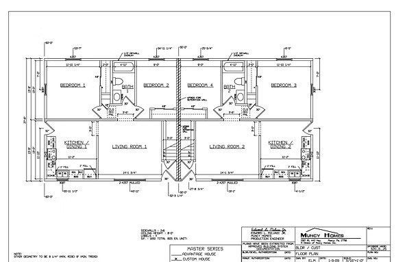 Architectural floor plan showing a duplex unit design with two identical sides featuring bedrooms, baths, and living areas.