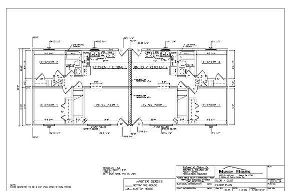 Architectural floor plan showing a duplex unit layout with mirrored living areas, bedrooms, and kitchen facilities.