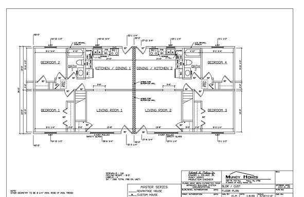 Architectural floor plan for a duplex unit, showing two mirrored living spaces with bedrooms, kitchens, and bathrooms.