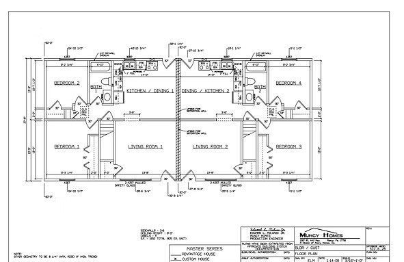 A floor plan showing a duplex layout with two identical mirrored units, each containing a living room, kitchen, and bedroom.