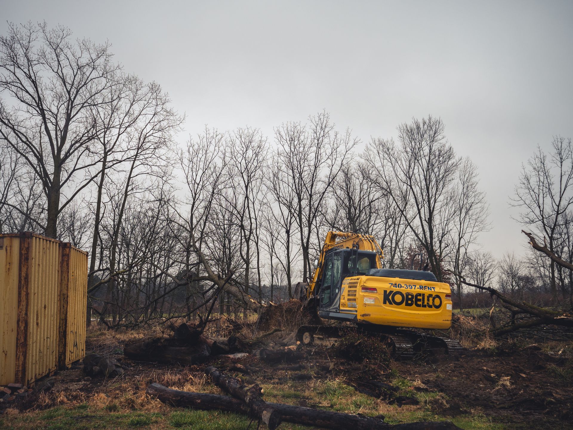 A yellow kobelco excavator is cutting down trees in a field.
