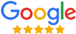 Google logo above five gold stars rating