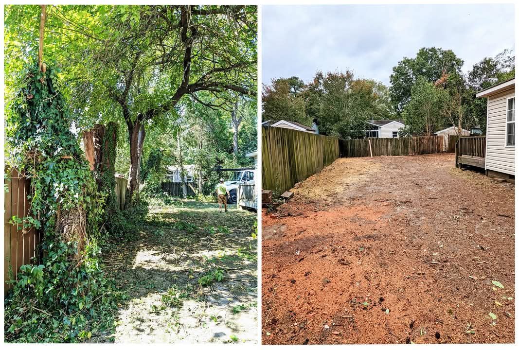 There is a before and after picture of a backyard.
