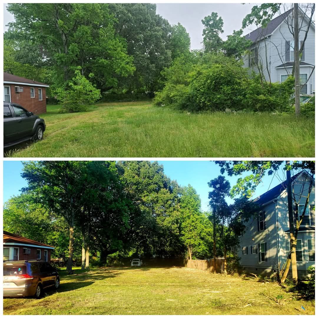 A before and after picture of a lawn and a house.