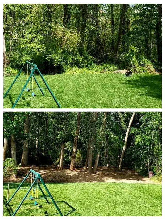 A before and after picture of a swing set in a yard.