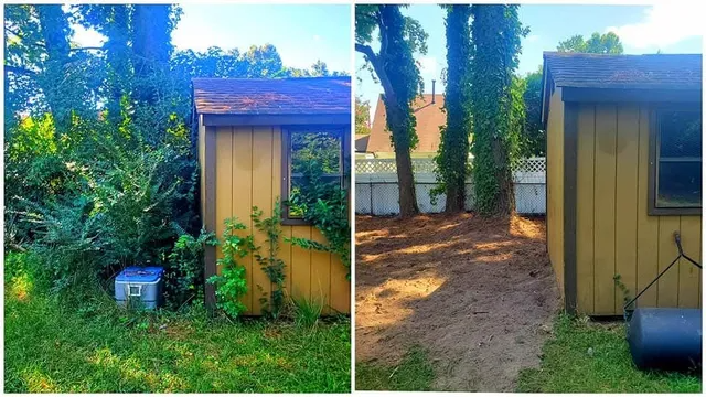 A before and after picture of a shed in a backyard