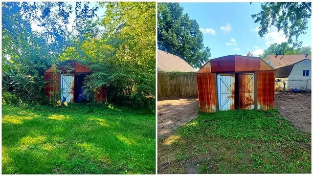 A before and after picture of a rusty shed in a backyard.
