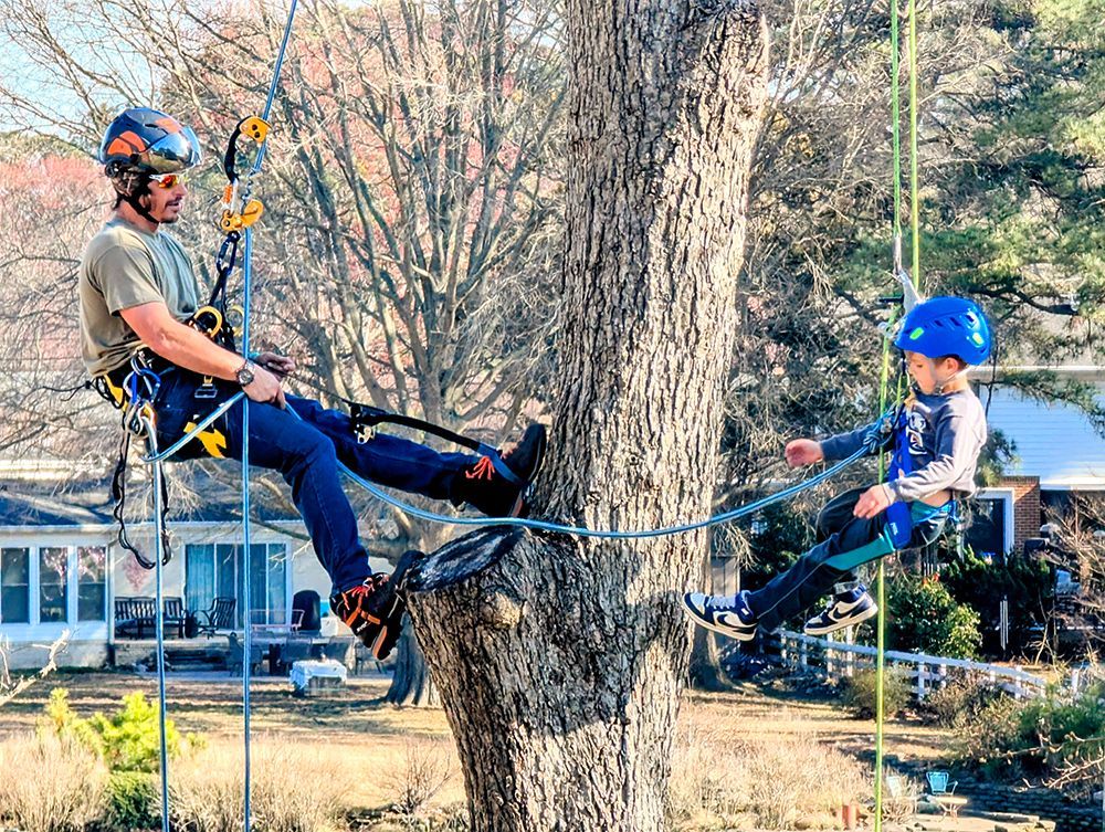 A man and a child are climbing a tree.
