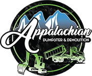 Logo for Appalachian Dumpster & Demolition, featuring mountains, equipment, and company name.