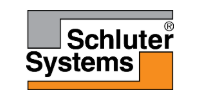 Schluter Systems logo with black text, gray top bar, and orange accent blocks