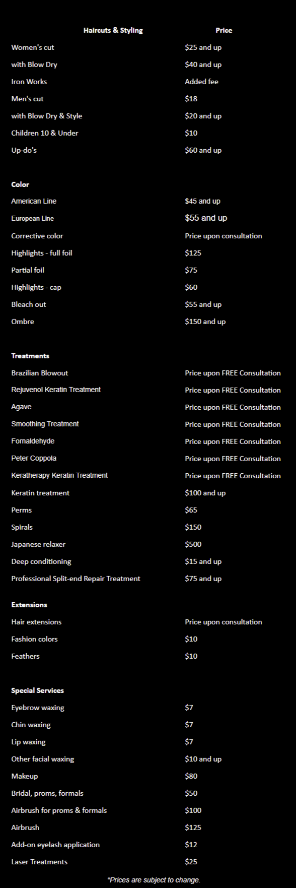 Haircuts & Styling  -  Price list