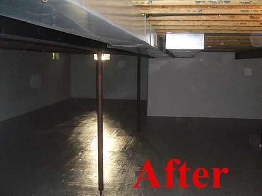 Finished basement with gray floor, support beams, and white walls. 'After' in red text.