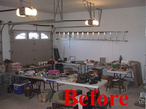 Garage filled with tables, cluttered with items, labeled