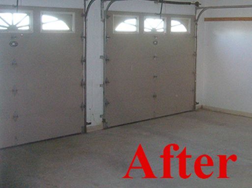 Two tan garage doors in an empty garage, the 'after' in red text below.