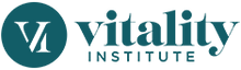 The vitality institute logo is blue and white and has a circle in the middle.