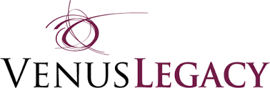 A logo for venus legacy with a purple circle in the middle.