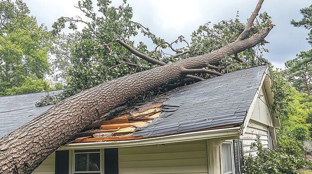 A tree has fallen on the roof of a house.
