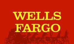 Wells Fargo logo with yellow text on a red background; a silhouette of a stagecoach is below.