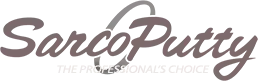 Logo for Sarco Putty, a text-based logo with gray-brown text, and an arched design over the text.