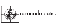 Coronado Paint logo: square frame with conquistador illustration inside a circle, text