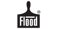 Flood logo: Black paintbrush shape over a rectangle with the word