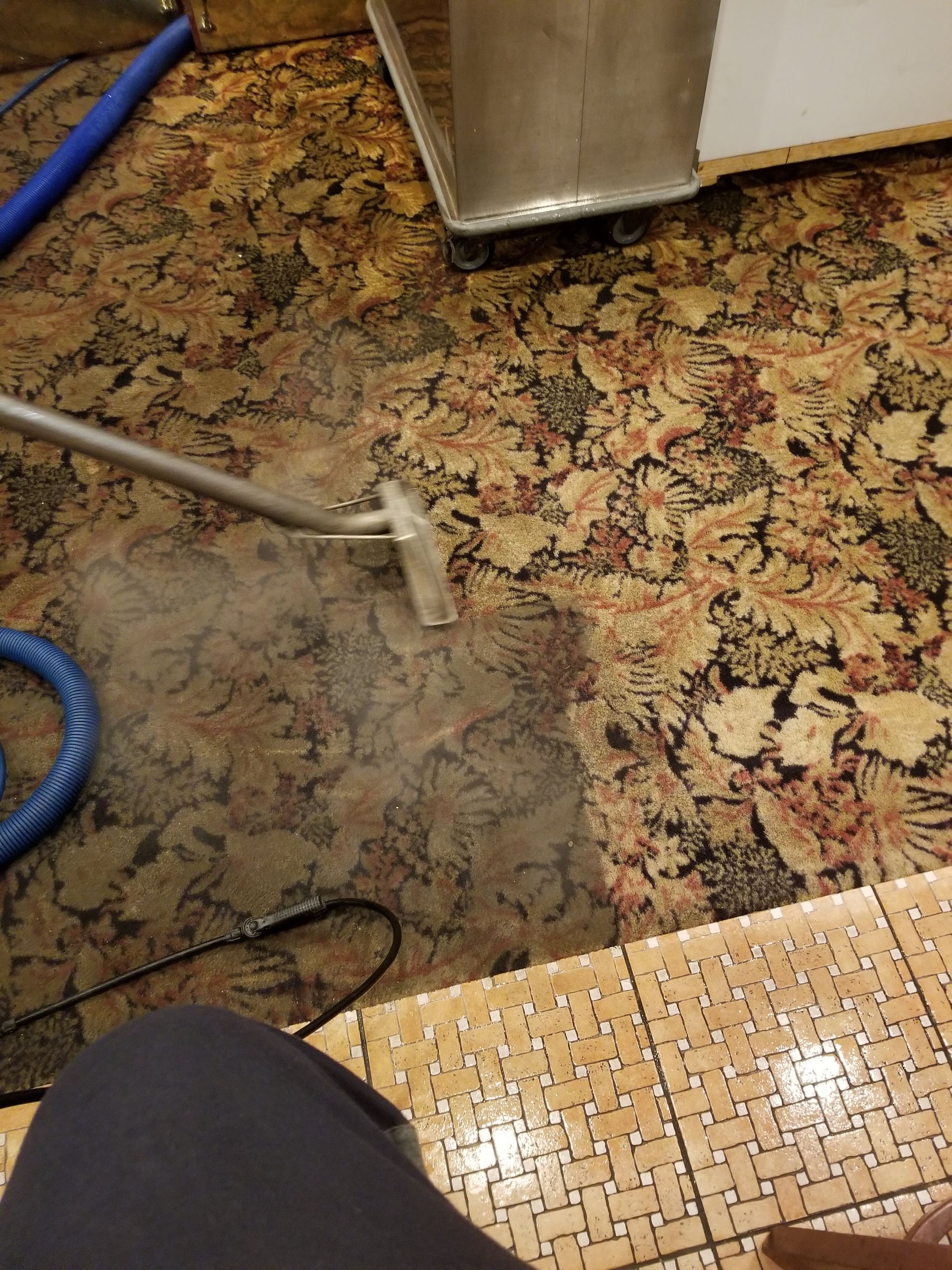 Carpet being cleaned with a steam extractor, leaving a wet patch near a metal appliance.