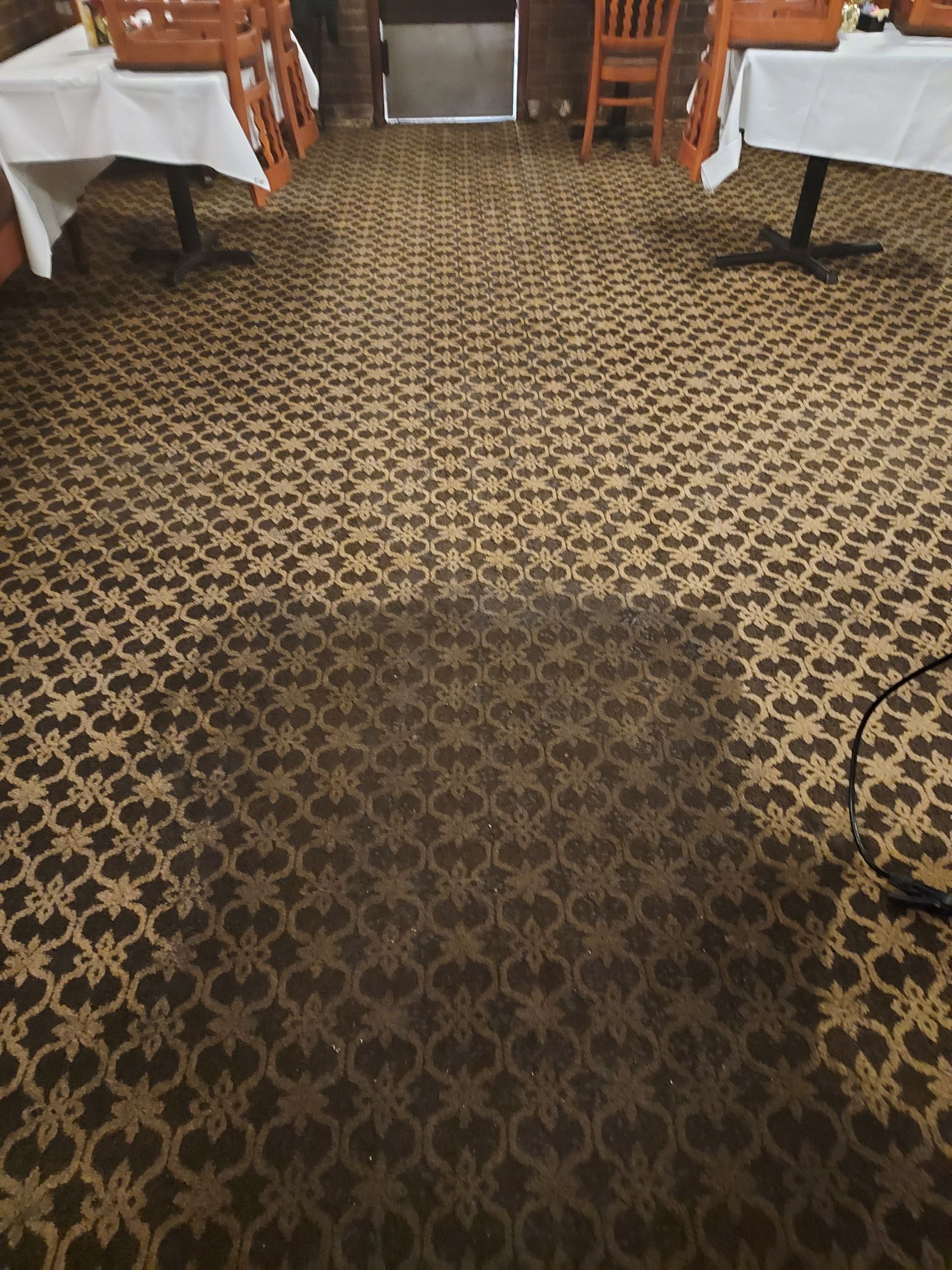Patterned carpet aisle between banquet tables with white tablecloths and wooden chairs