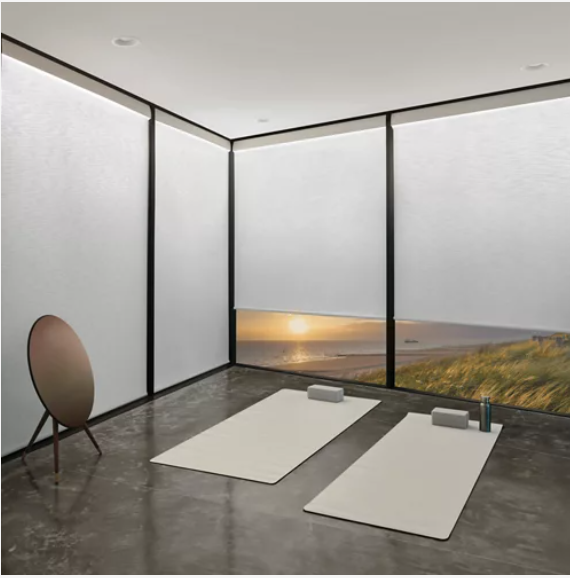 A room with two yoga mats in front of a large window