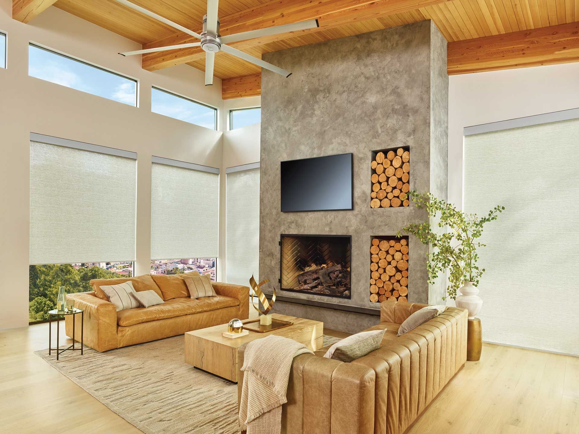 a living room with a couch, fireplace, television, and ceiling fan