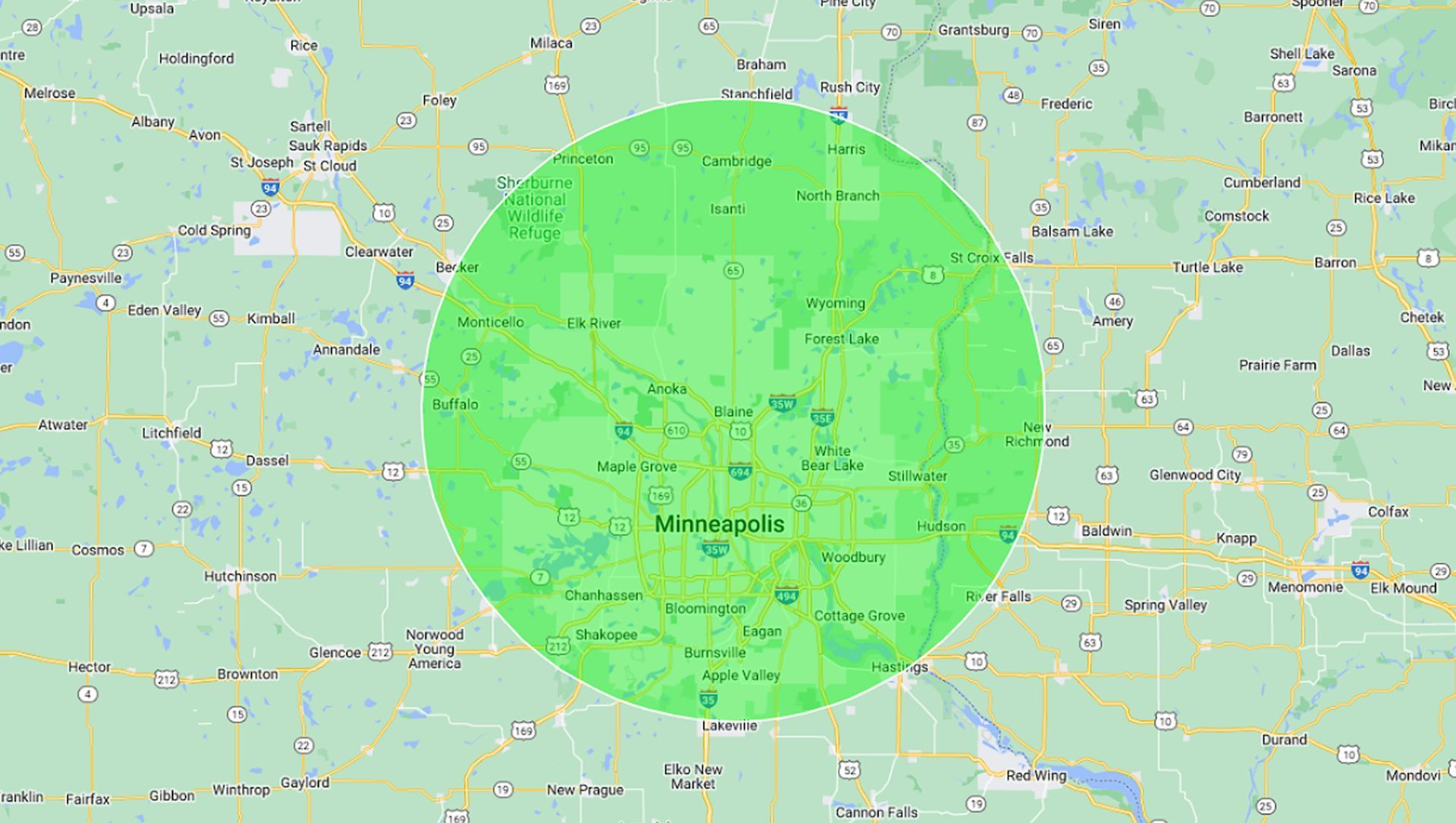 Map displaying a 35-mile radius around Blaine, MN