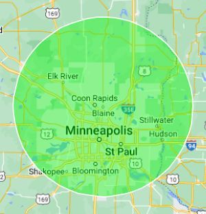 Map displaying a 35-mile radius around Blaine, MN