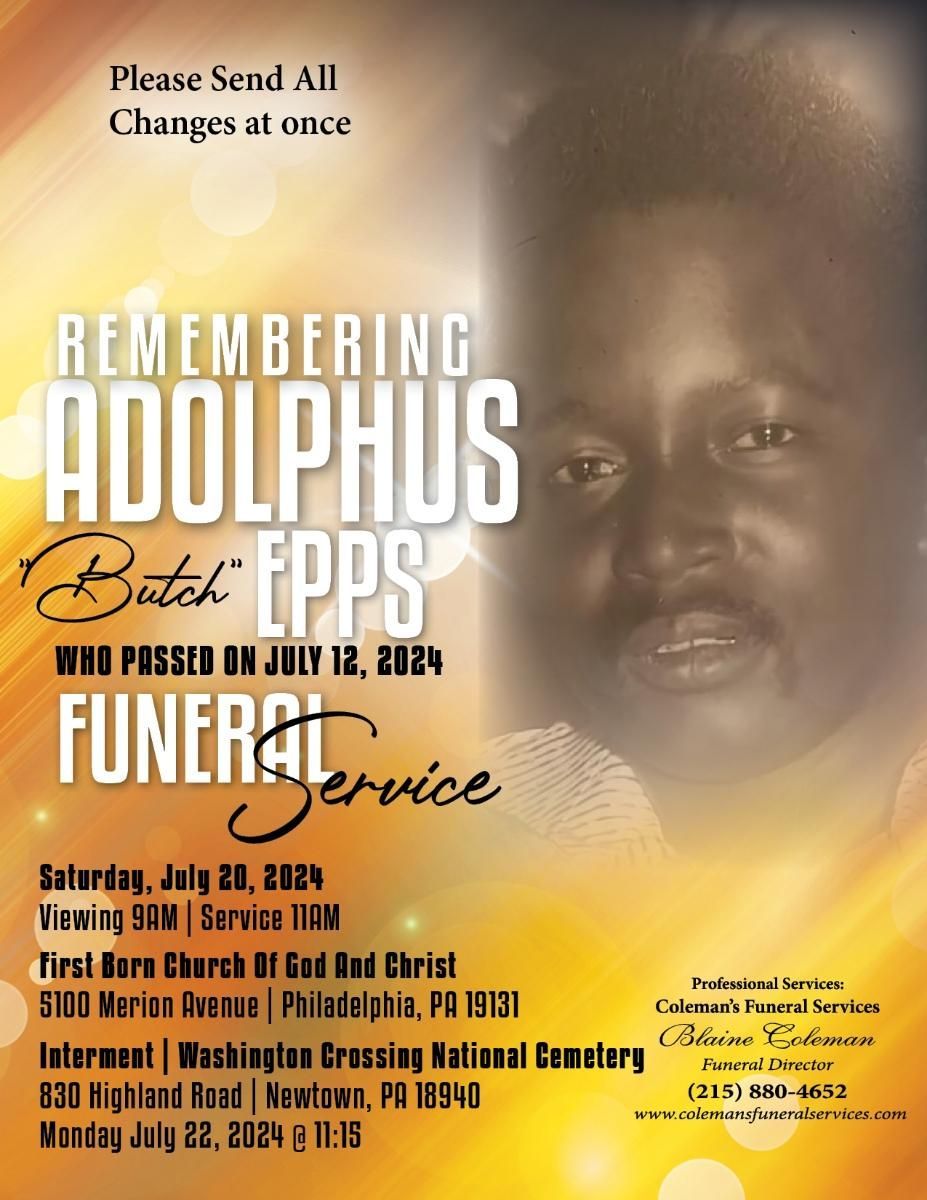 An advertisement for a funeral service for adolphus batch epps