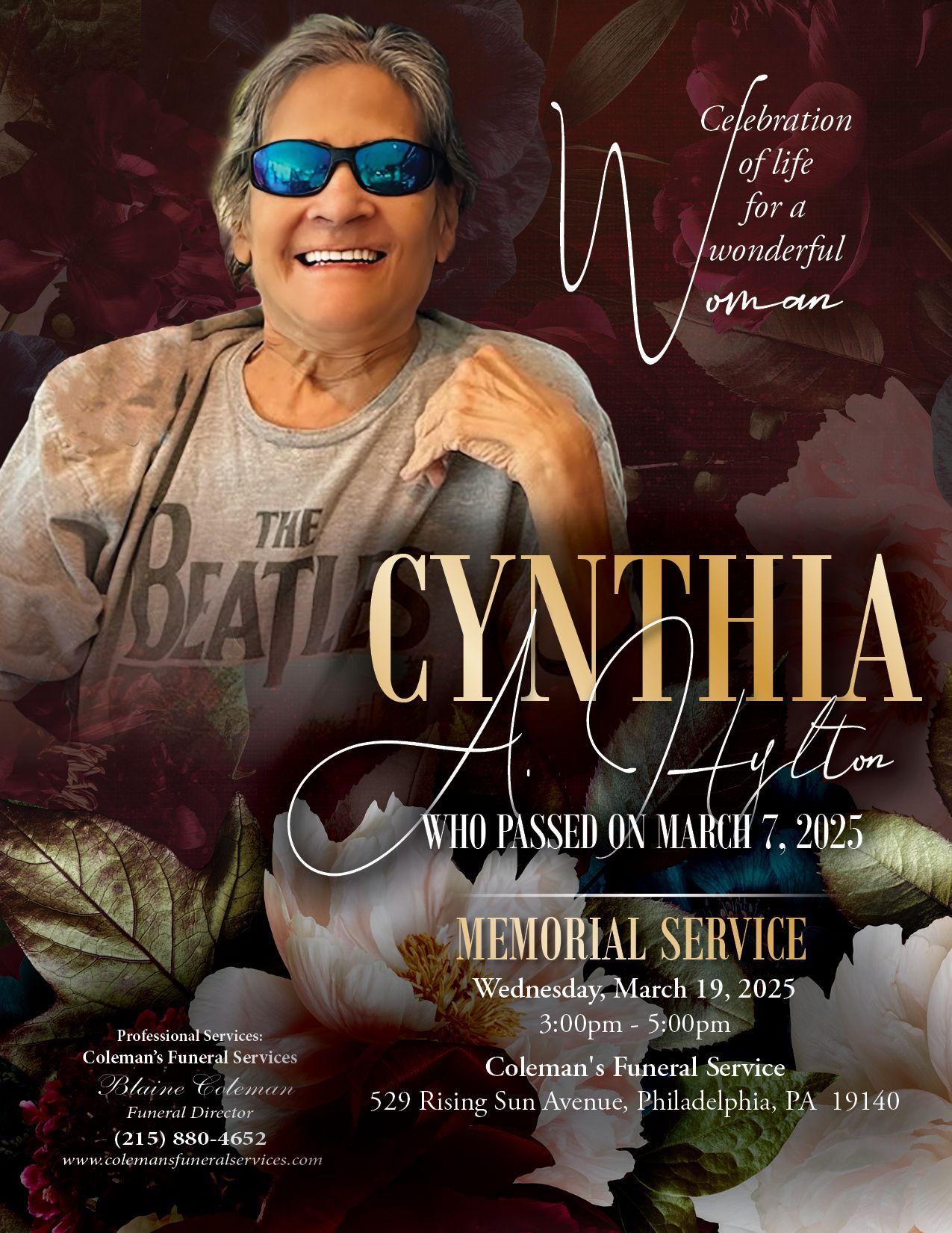 A woman wearing sunglasses is on the cover of a memorial service.