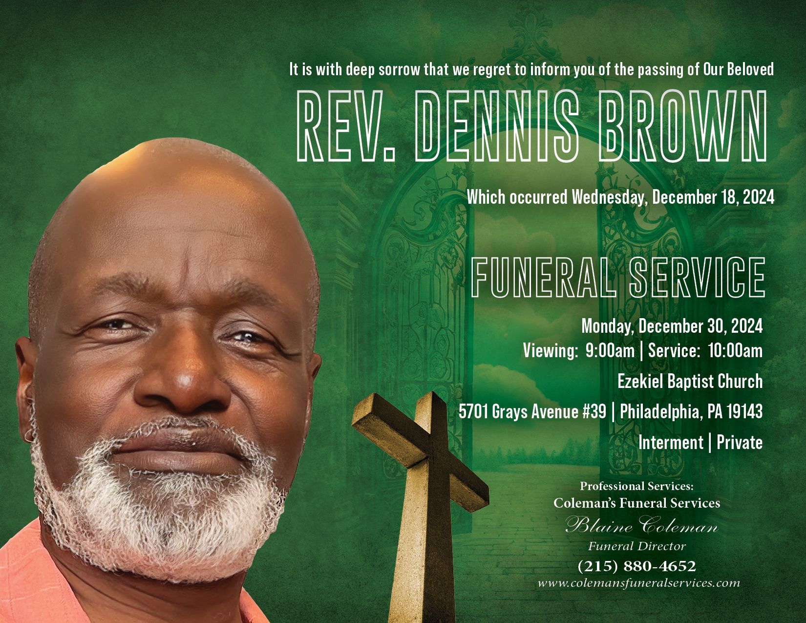 An advertisement for a funeral service for rev. dennis brown