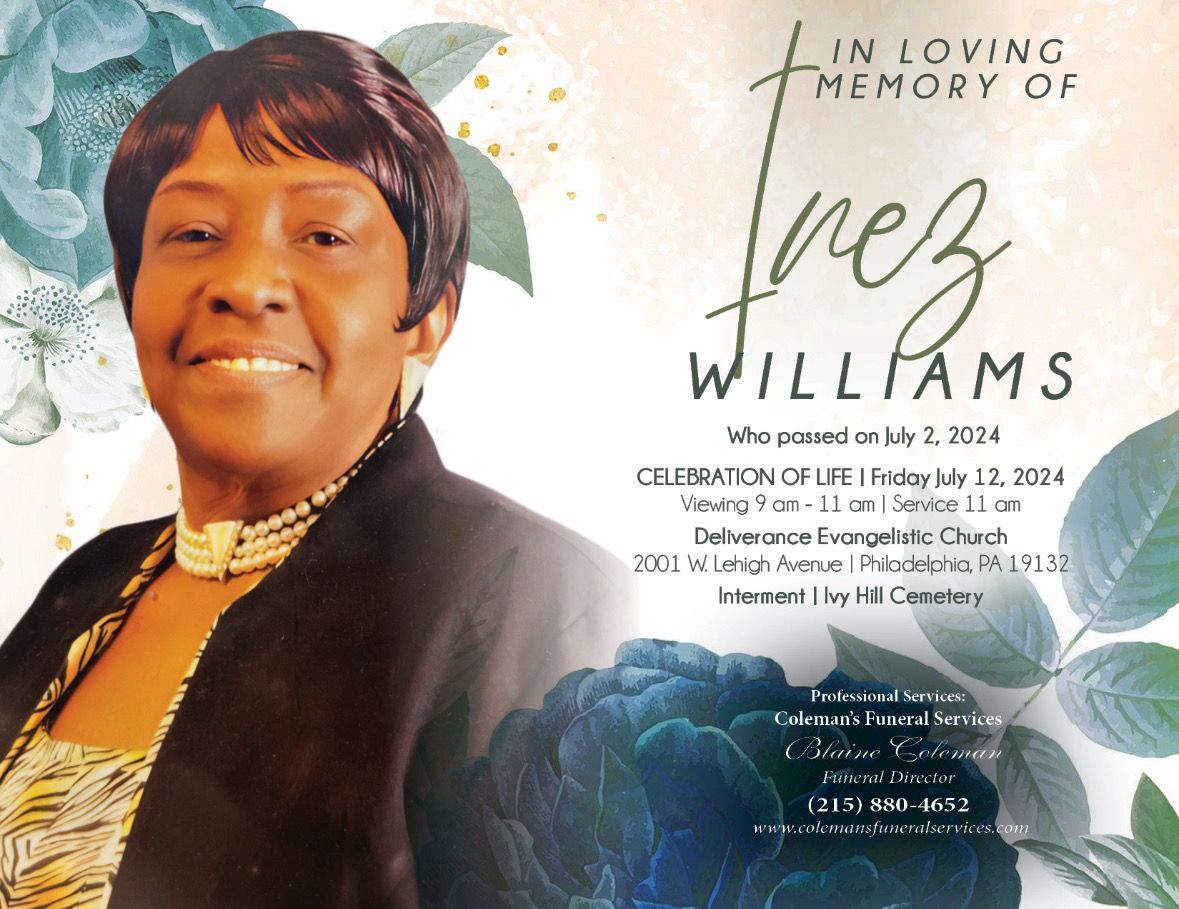 A woman is smiling in front of a sign that says in loving memory of Inez williams